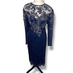 Vintage Swee Lo Women's XL 100% Silk Blue Beaded Sequins Midi Dress Regency Glam